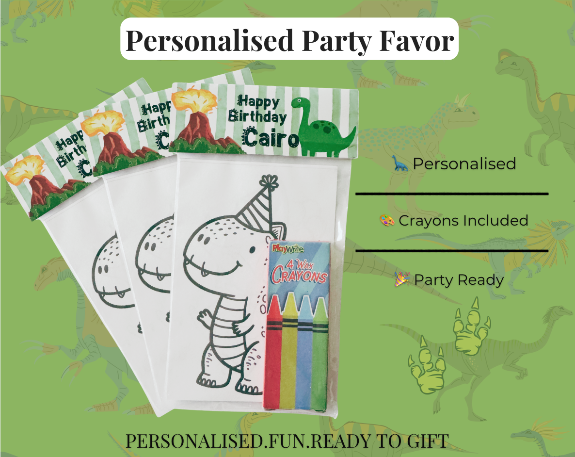 🦖 Personalised Dinosaur Colouring Party Favour – Perfect for Dinosaur Birthday Parties